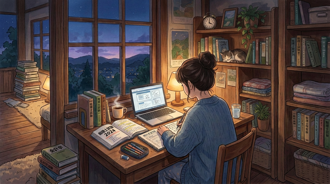 Student studying at a desk beside a nighttime window, with books, laptop, and sleeping cat