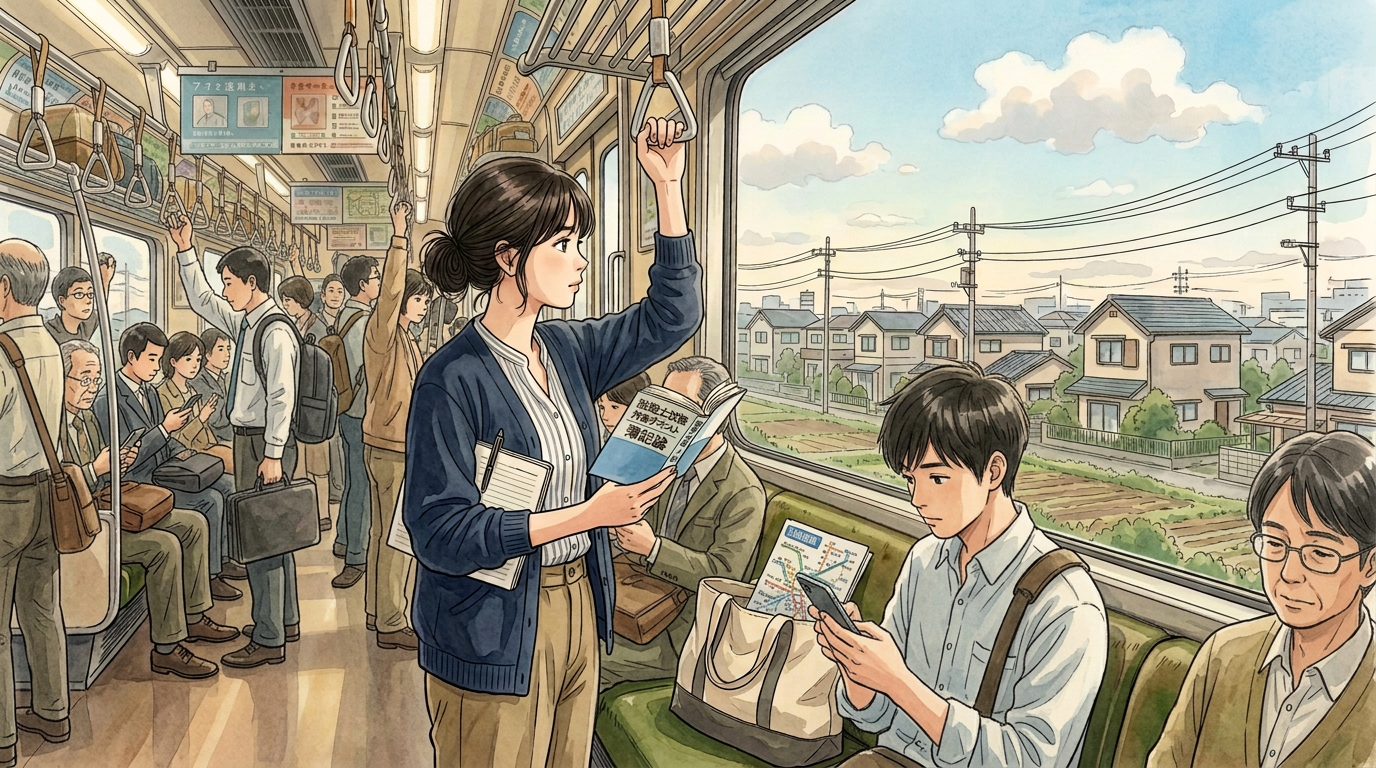 Woman reading a book labeled 日本の歴史 and writing notes aboard a train beside a route map